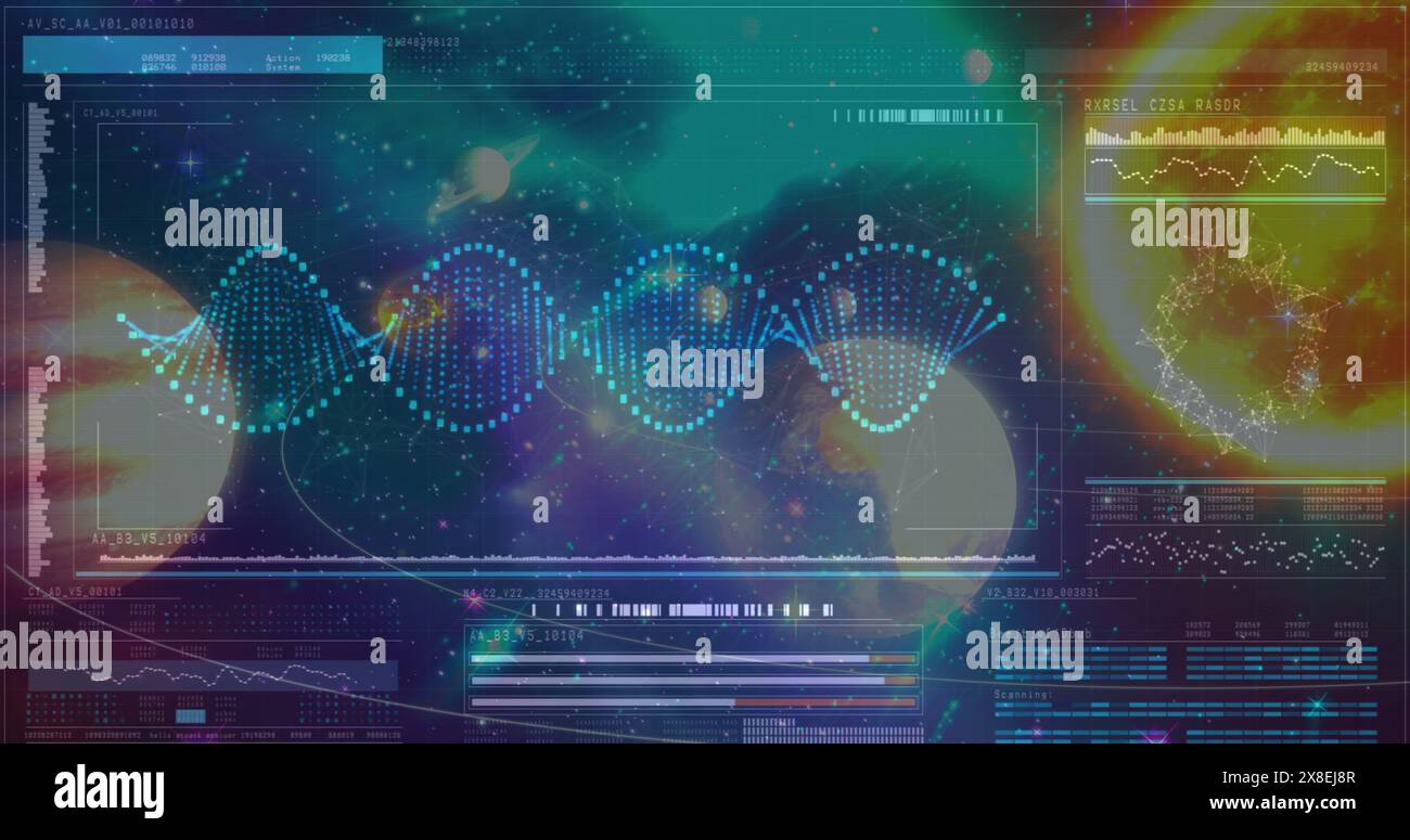 Digital composite of Science Composition Universe combined with animated DNA Stock Photo