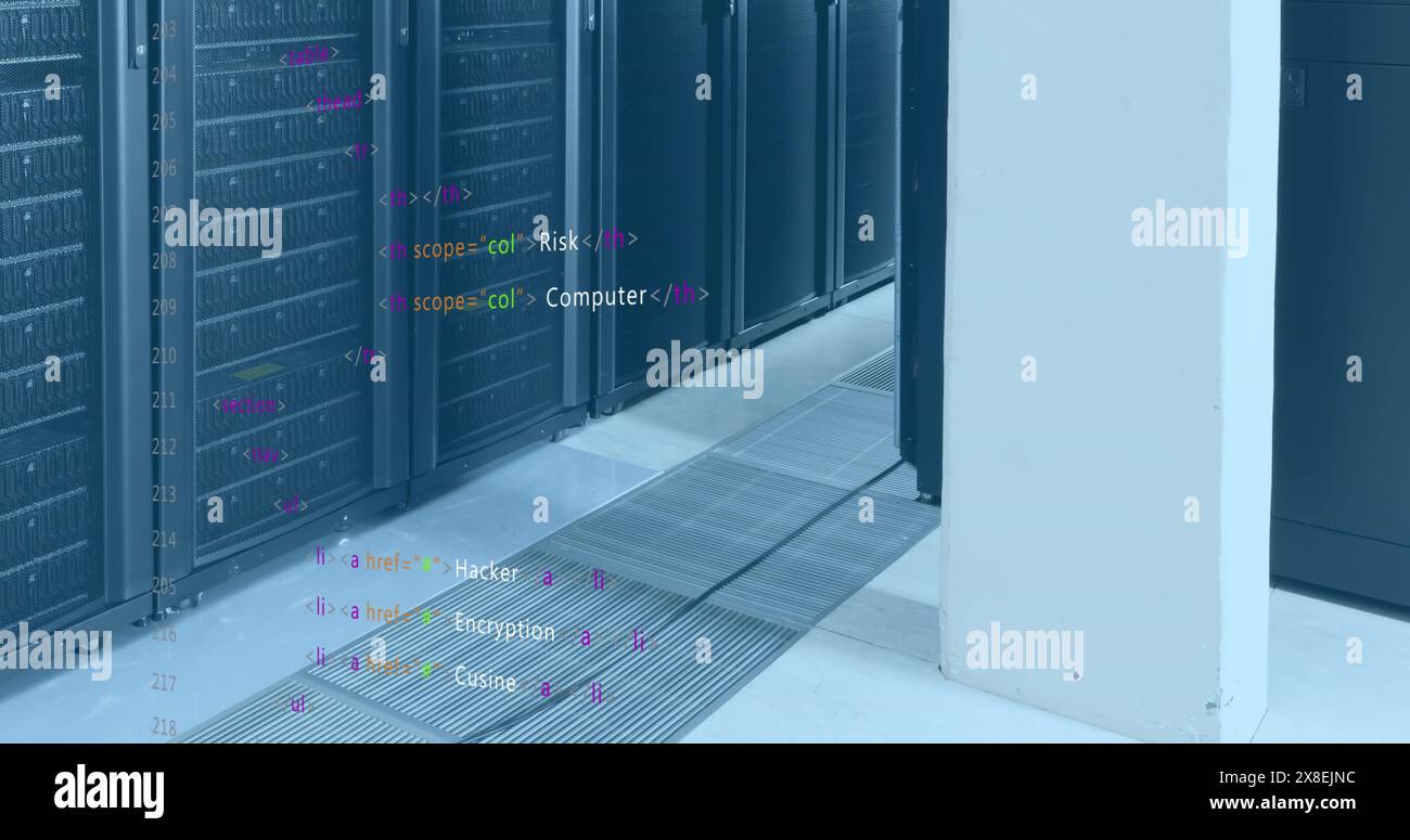 Image of computer language over data server racks Stock Photo - Alamy