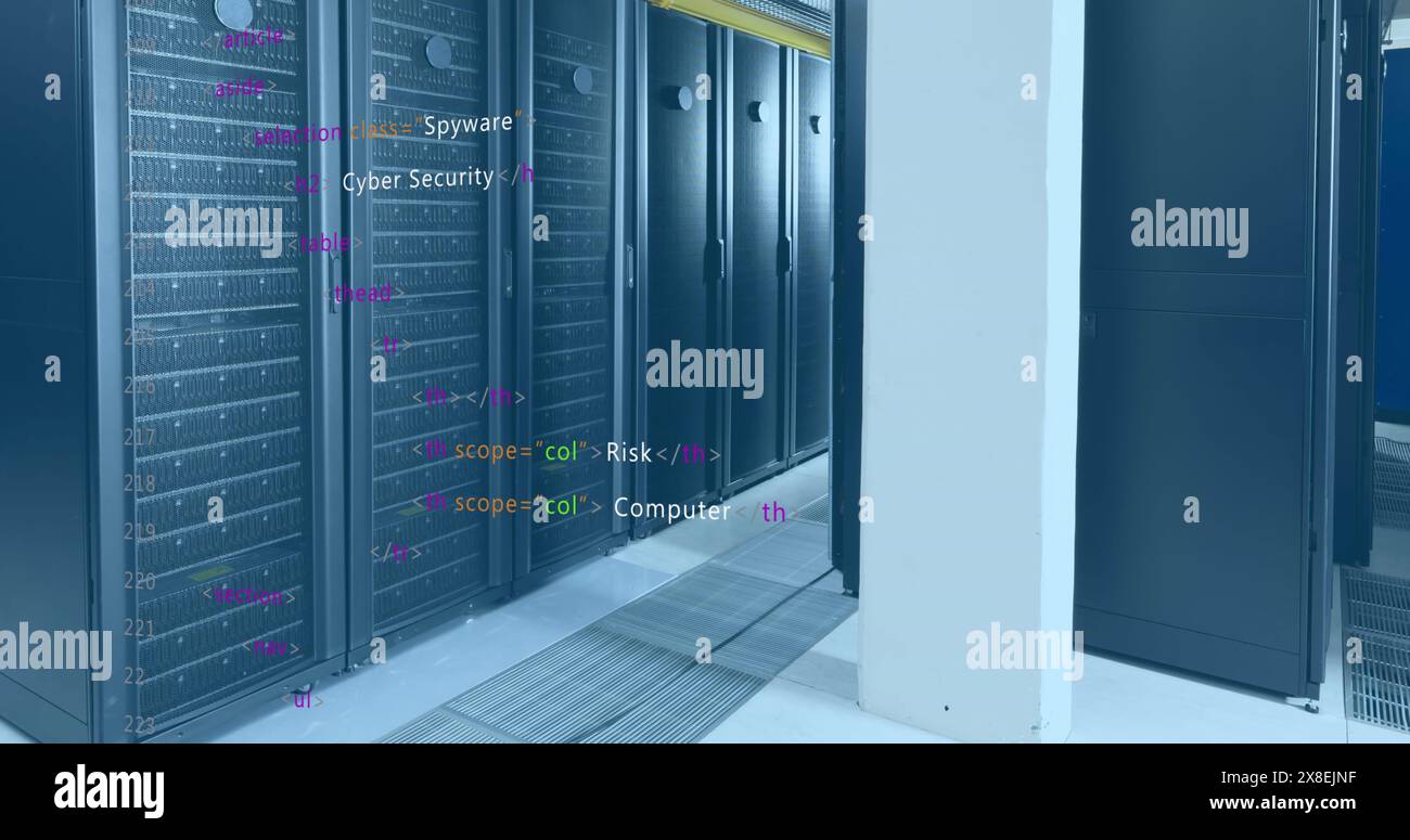 Image of computer language over data server racks Stock Photo
