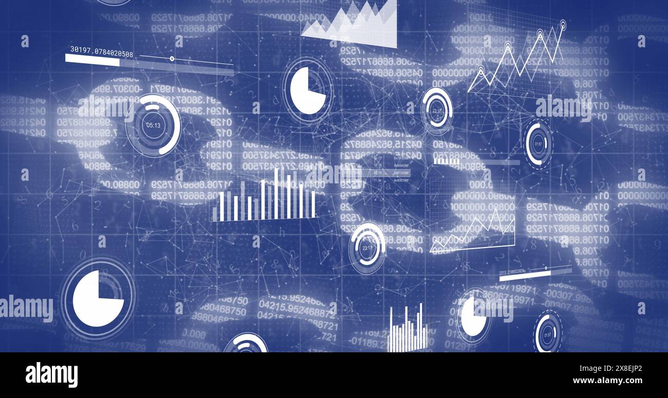 Image of interface with statistical data processing over security chain, network of connections Stock Photo