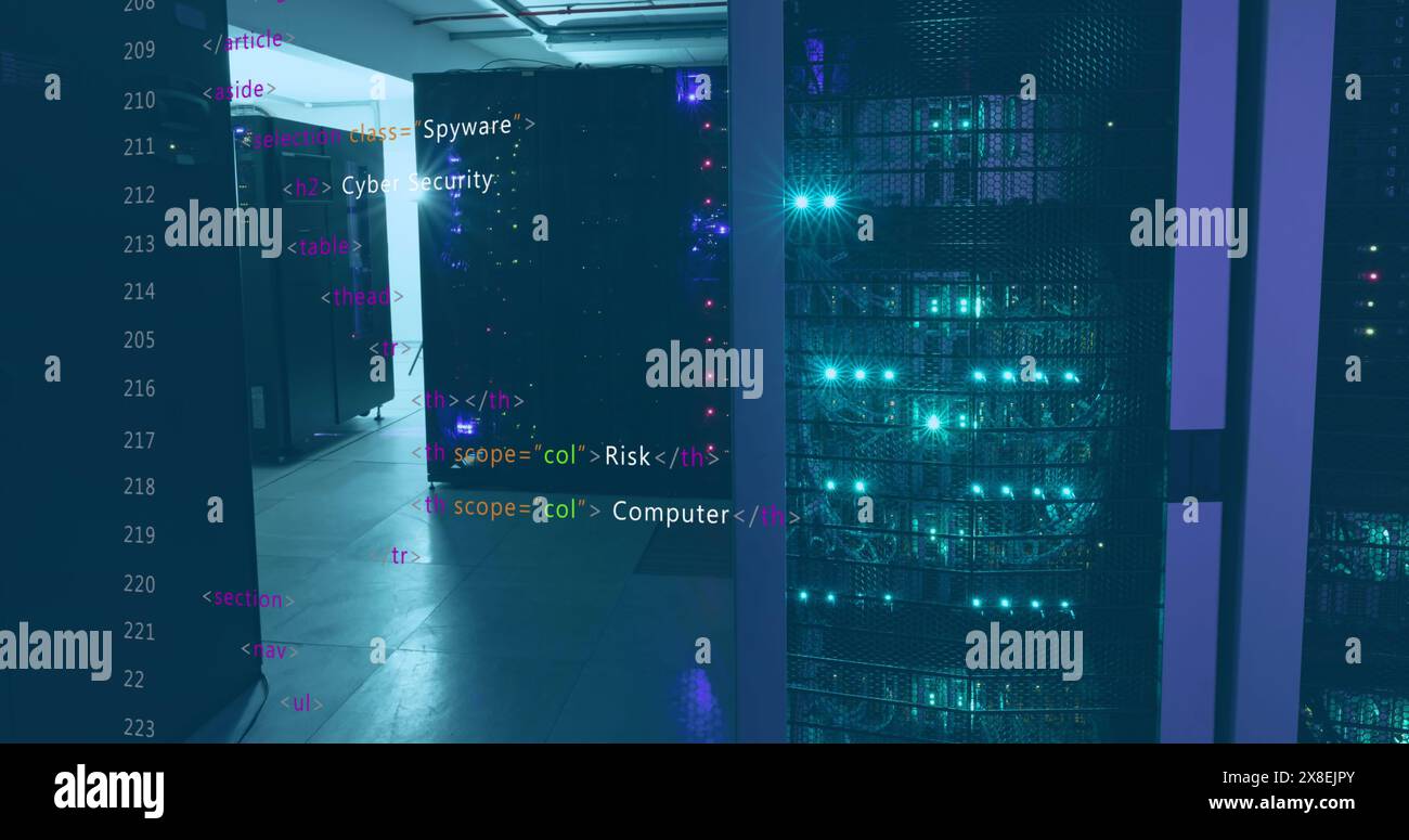Image of programming language over data server racks Stock Photo
