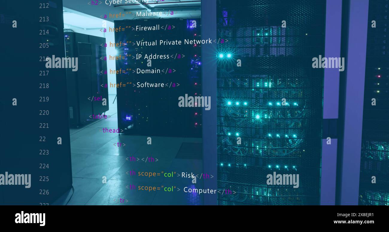 Image of programming language over data server racks Stock Photo - Alamy