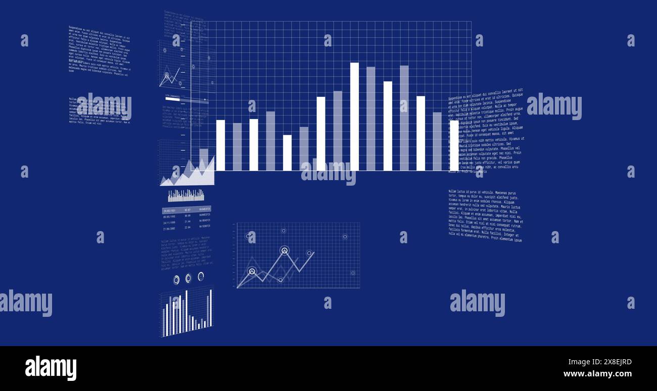 Image of computer language and multiple graphs and data over blue background Stock Photo