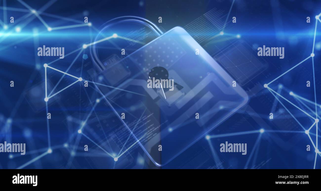 Image of connected dots, padlock and computer language over abstract background Stock Photo