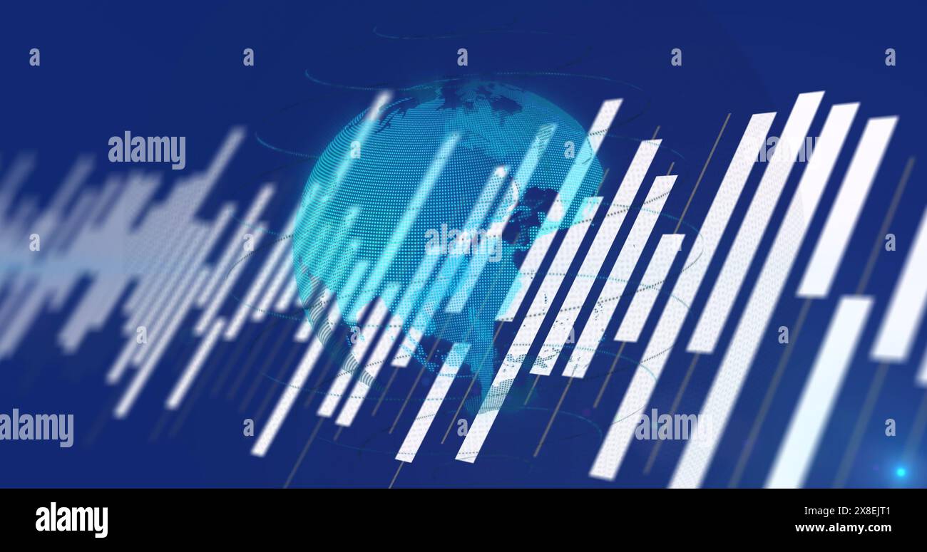 Image of statistical data processing over spinning globe against blue background Stock Photo
