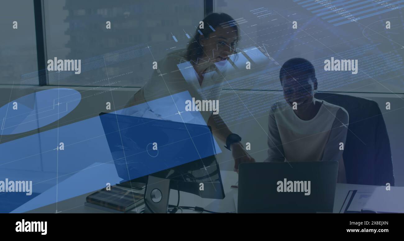 Image of infographic interface over diverse female coworkers discussing ...