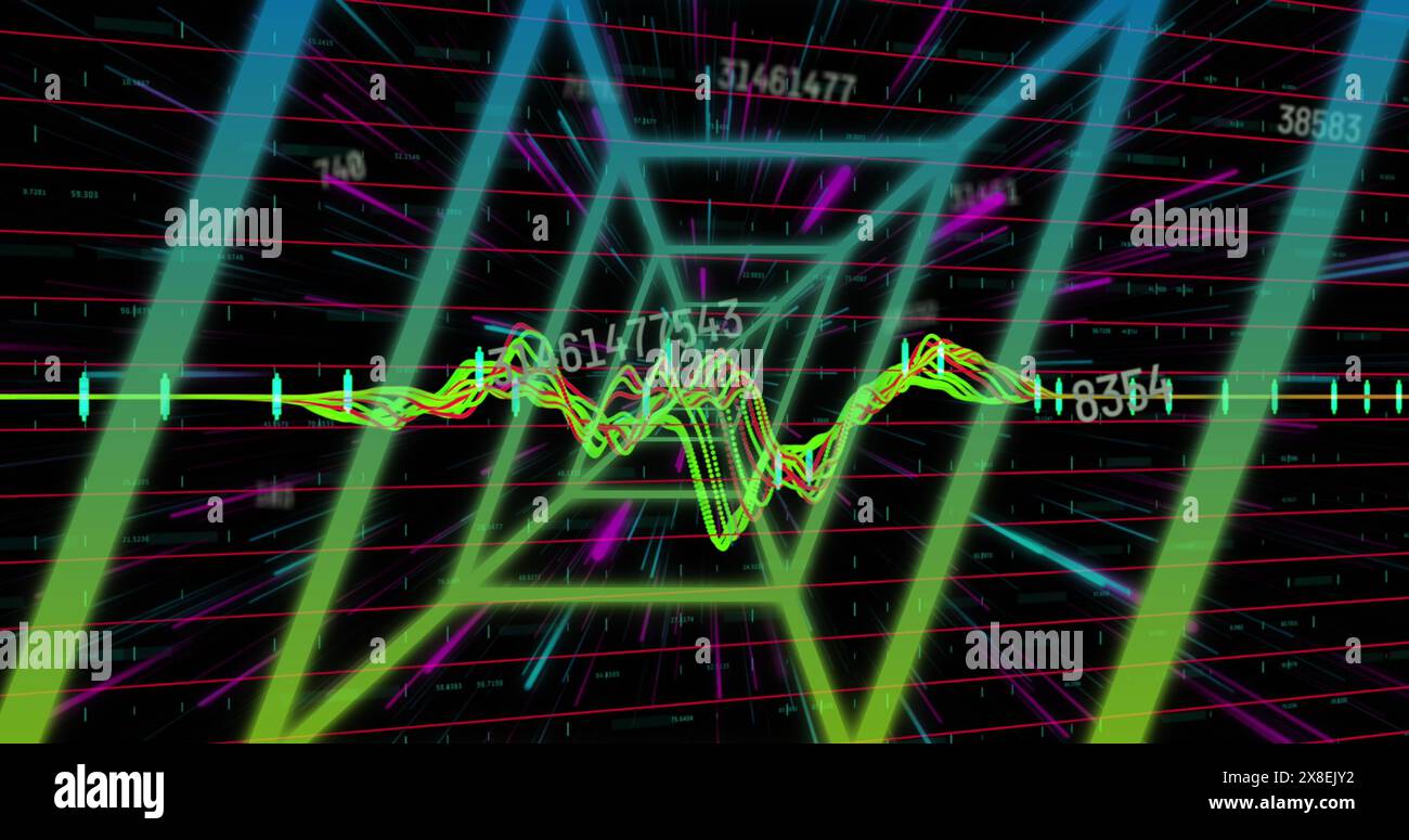Image of neon tunnel in seamless pattern against changing numbers and data processing Stock Photo