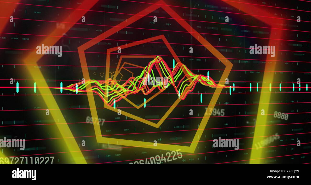 Image of hexagonal neon tunnel in seamless pattern against changing numbers and data processing Stock Photo