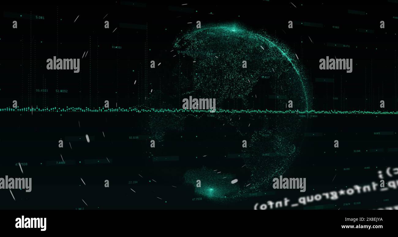 Image of spinning light trails and data processing over globe against black background Stock Photo