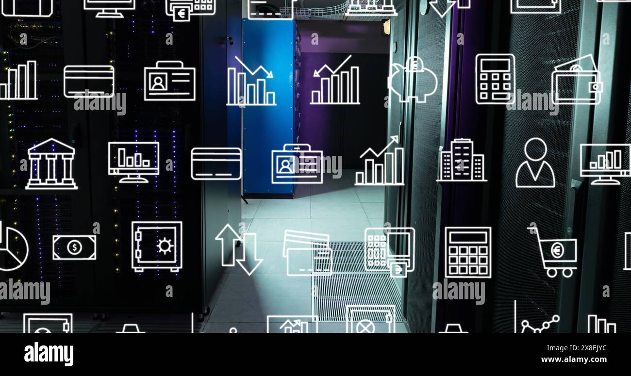 Image of interface with digital icons against computer server room Stock Photo