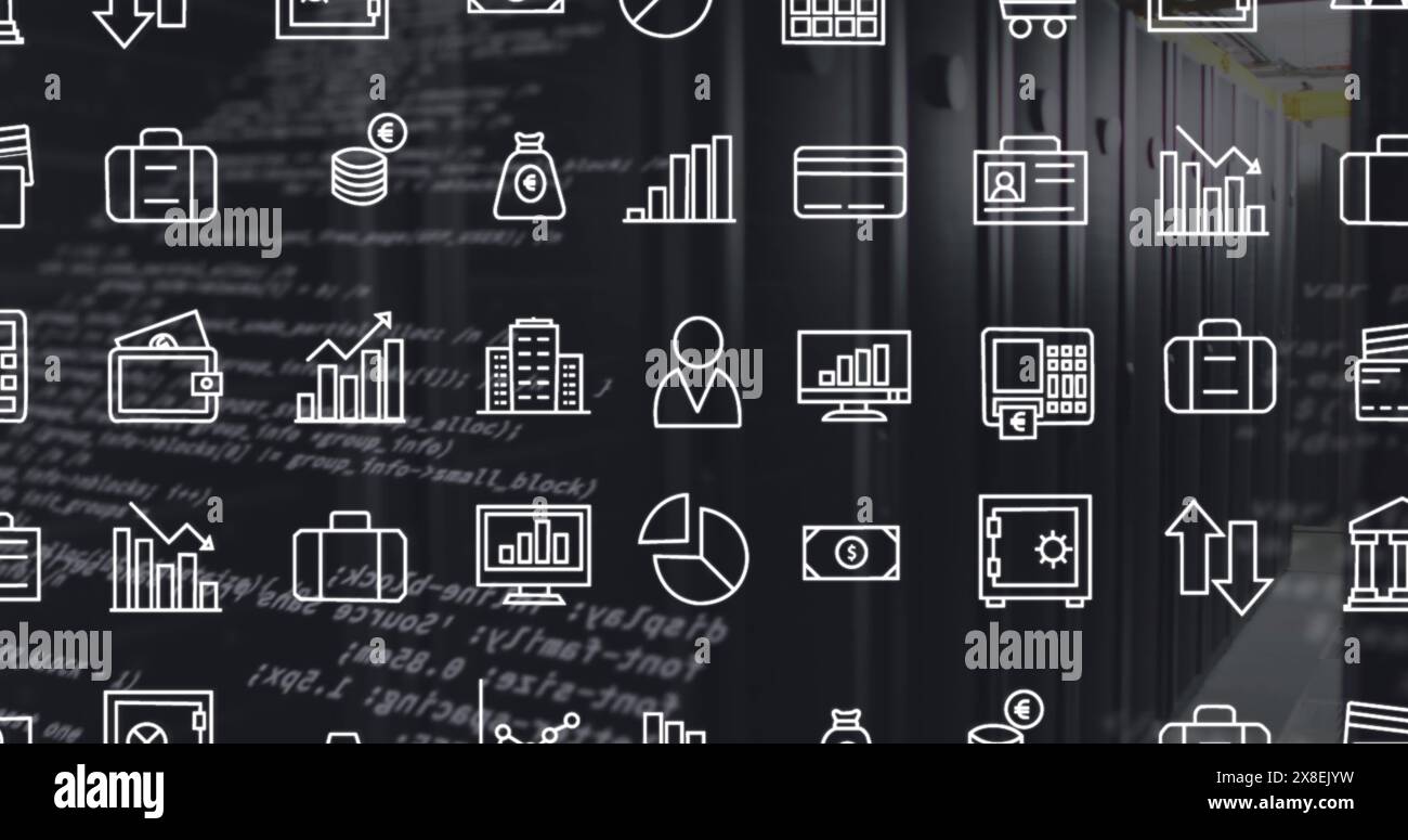 Image of interface with digital icons and data processing against computer server room Stock Photo