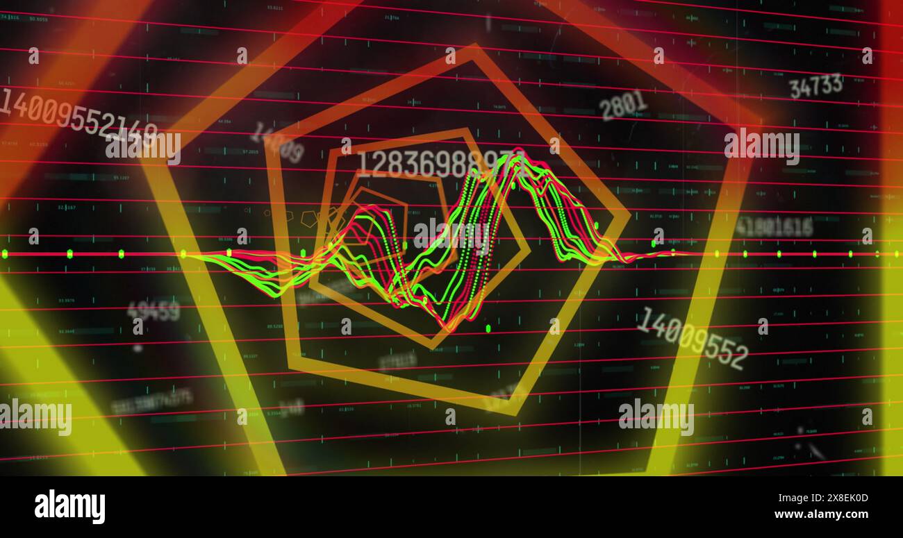 Image of hexagonal neon tunnel in seamless pattern against changing numbers and data processing Stock Photo
