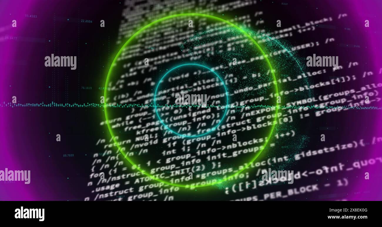 Image of circular neon shapes in seamless pattern against data processing and globe Stock Photo