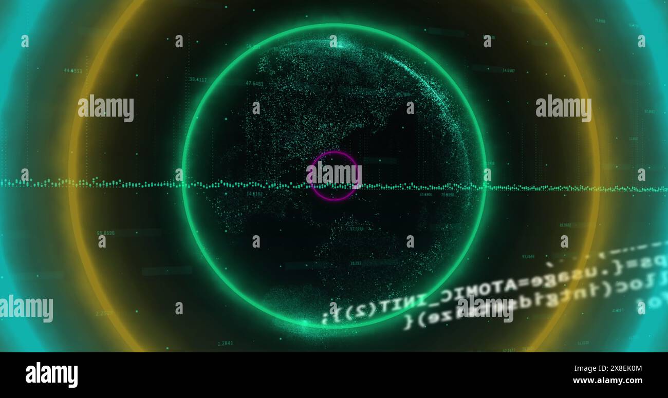 Image of circular neon shapes in seamless pattern against data processing and globe Stock Photo