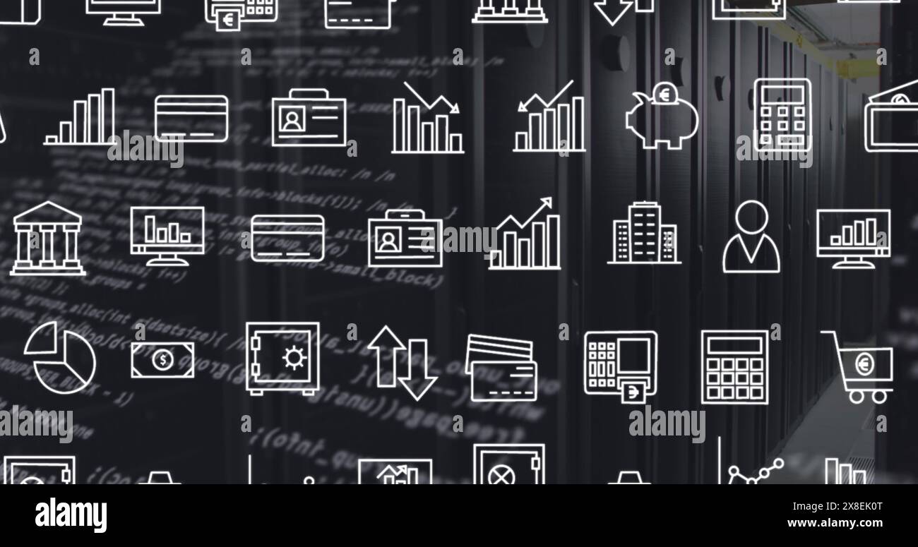 Image of interface with digital icons and data processing against computer server room Stock Photo
