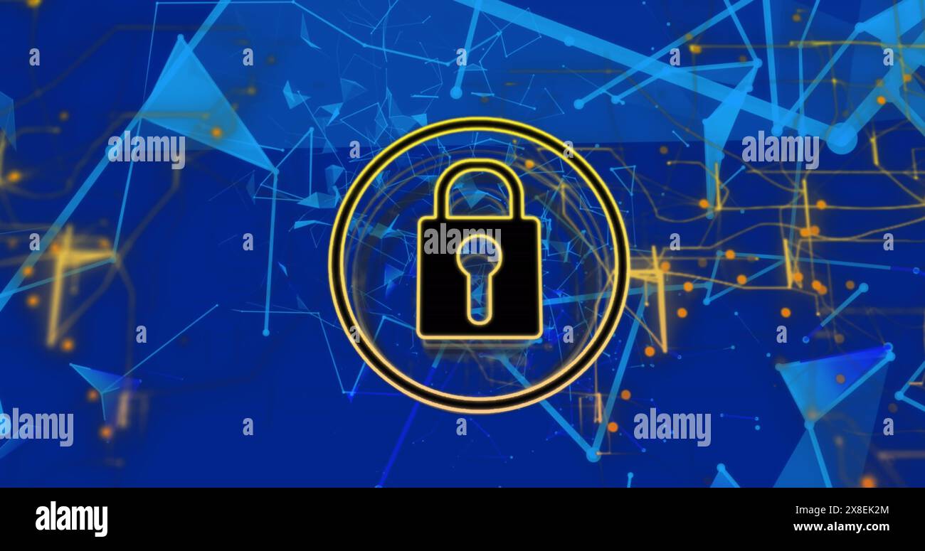 Image of padlock, navigation pattern and connected dots forming shape over blue background Stock Photo