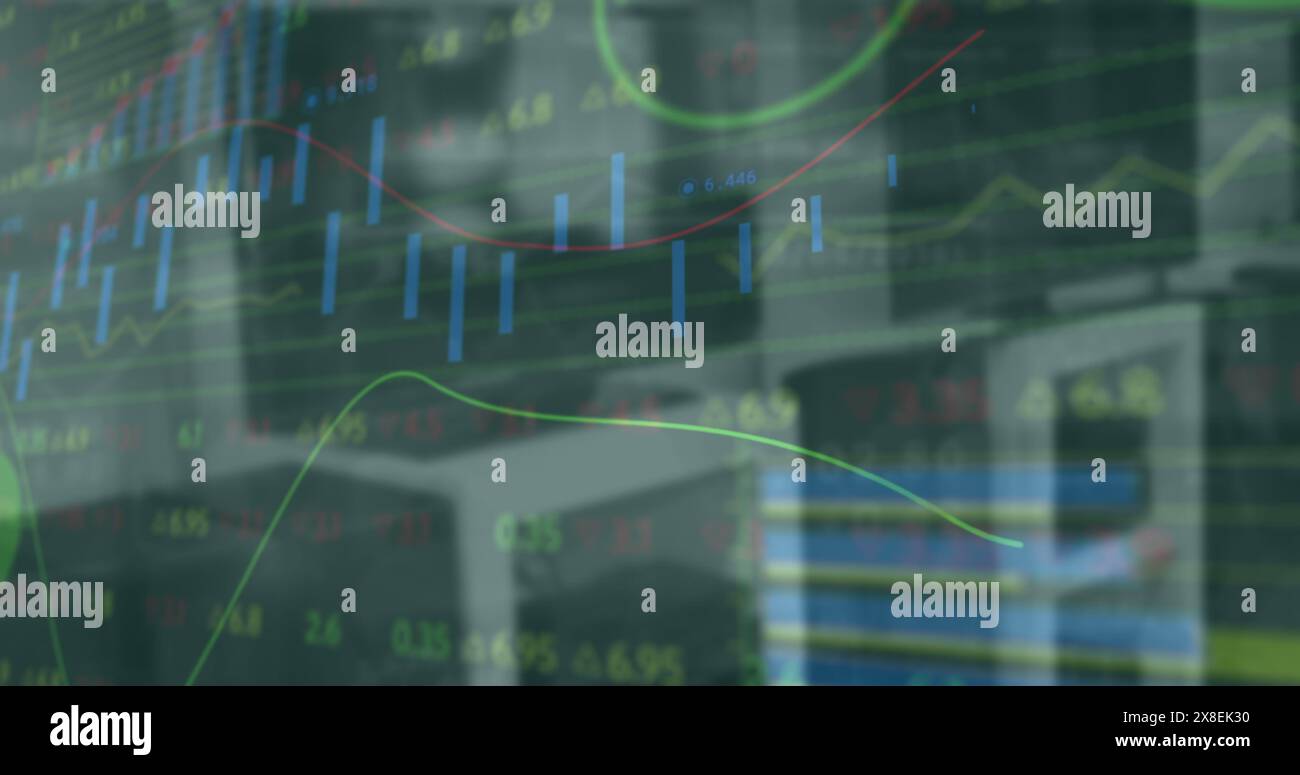 Image of graphs, loading circles and trading board over unoccupied ...
