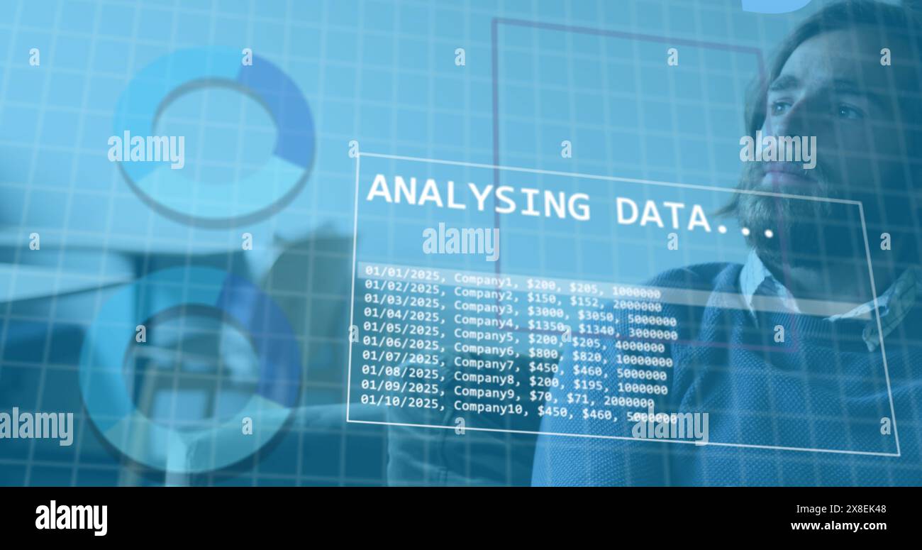 Image of statistical data processing against thoughtful caucasian man at office Stock Photo