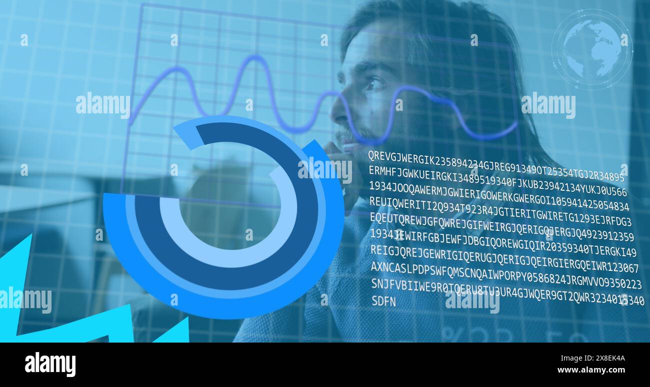 Image of statistical data processing against thoughtful caucasian man at office Stock Photo