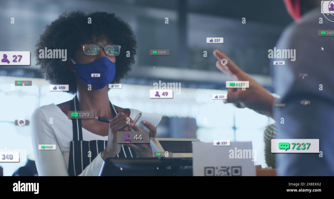 Image of social media icons and data over african american sales woman ...