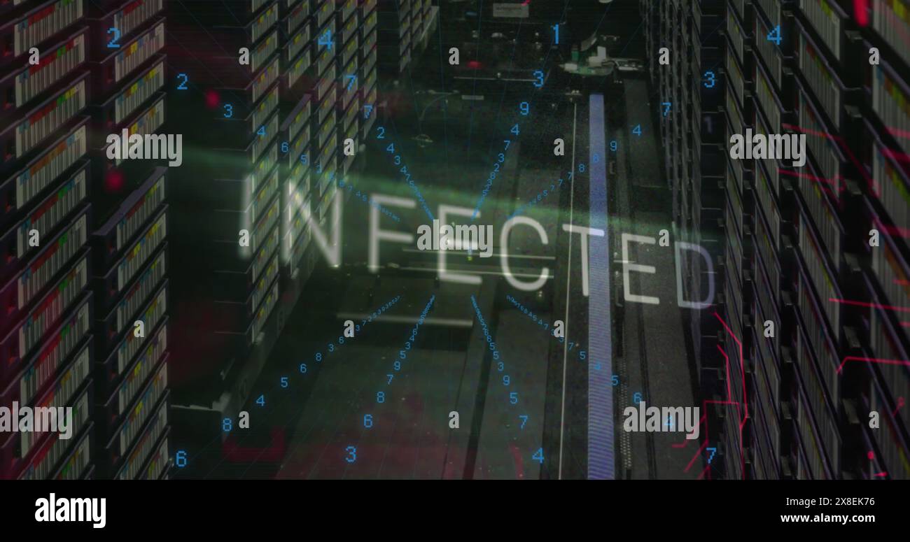 Image of infected text and data processing over computer servers Stock Photo