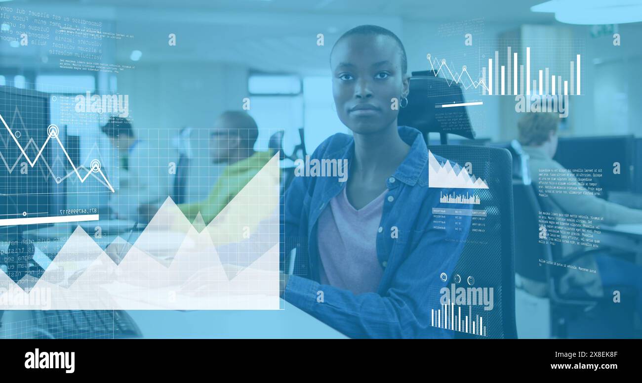 Image of financial data processing over african american businesswoman in office Stock Photo