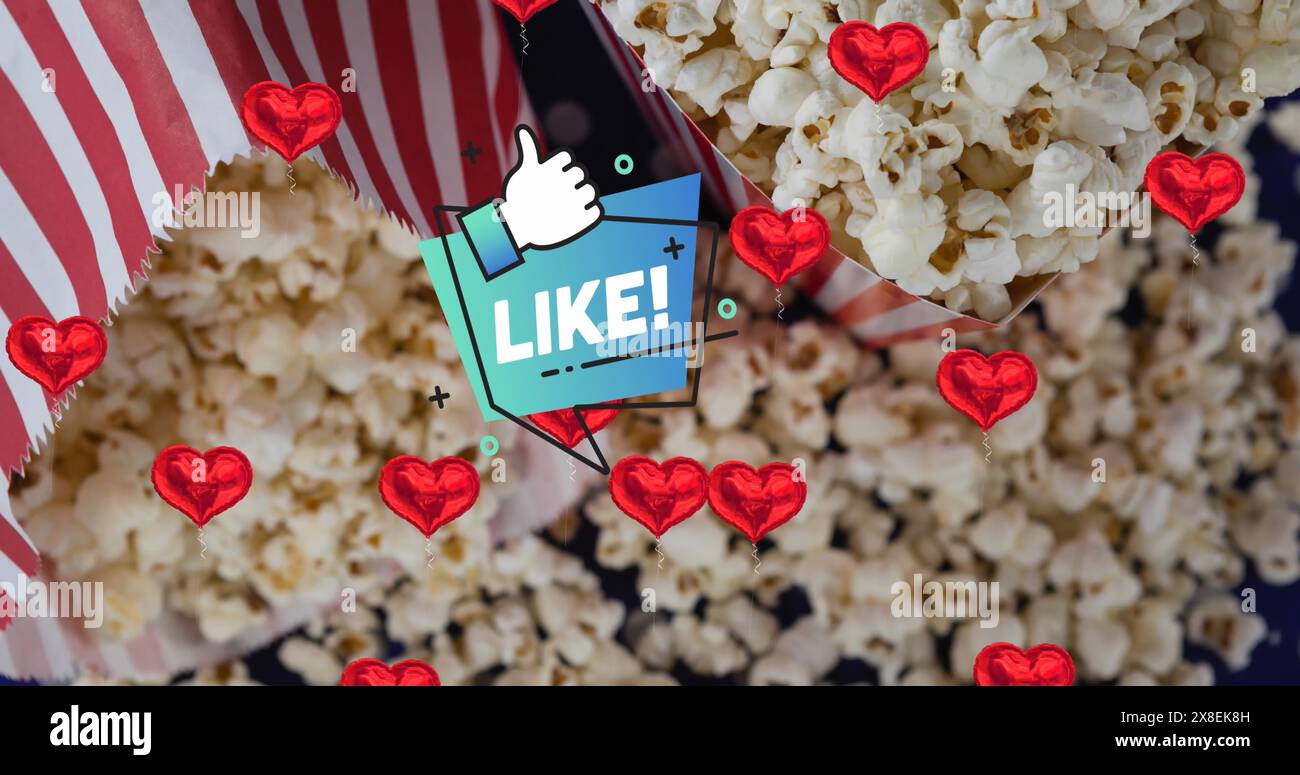 Image of like text and icon over red hearts and popcorn Stock Photo