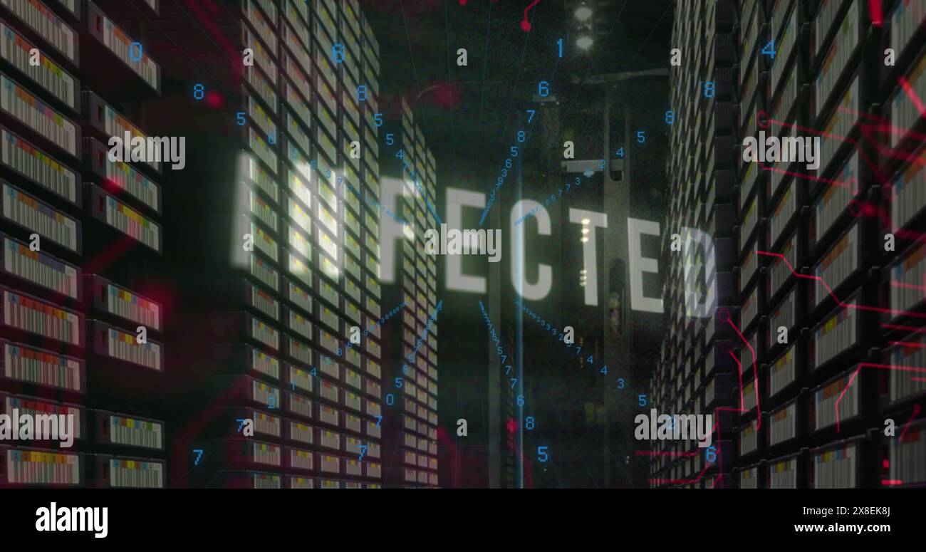 Image of infected text and data processing over computer servers Stock Photo