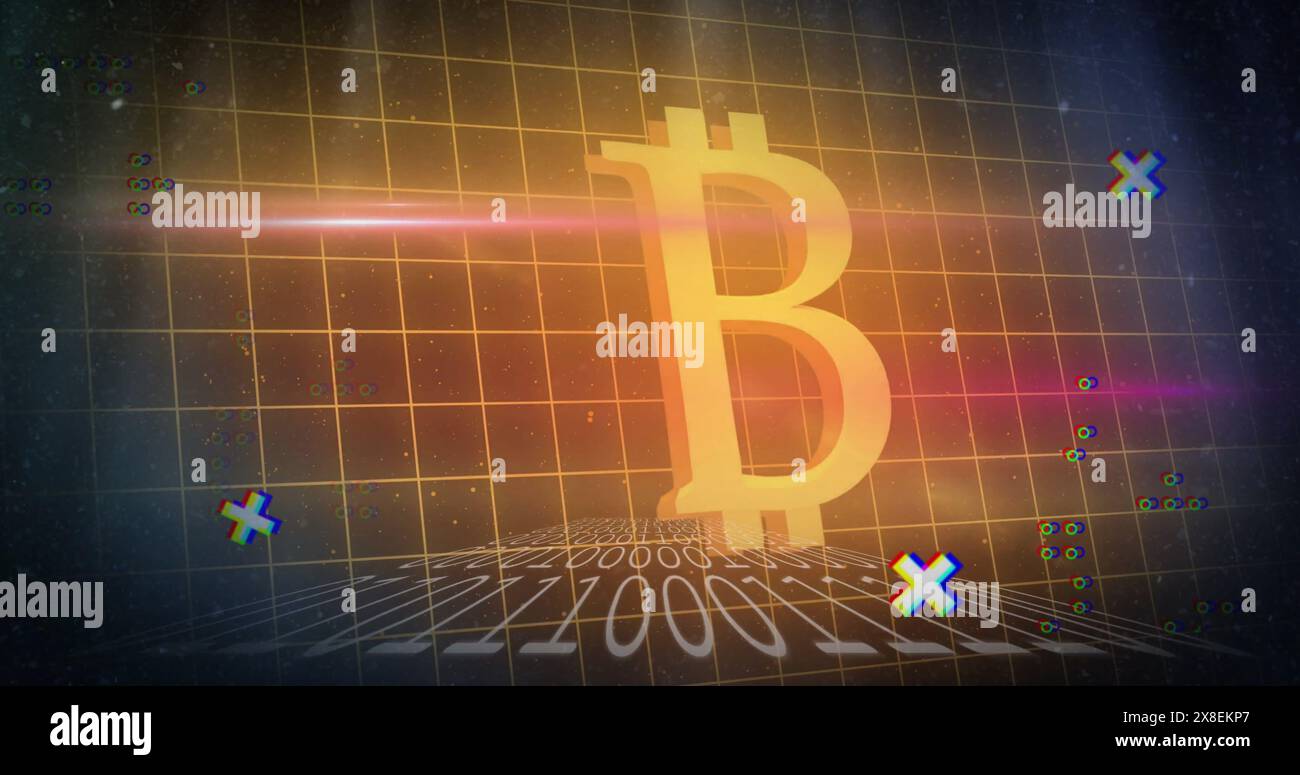 Image of grid pattern, binary codes and bitcoin illuminated symbol over ...