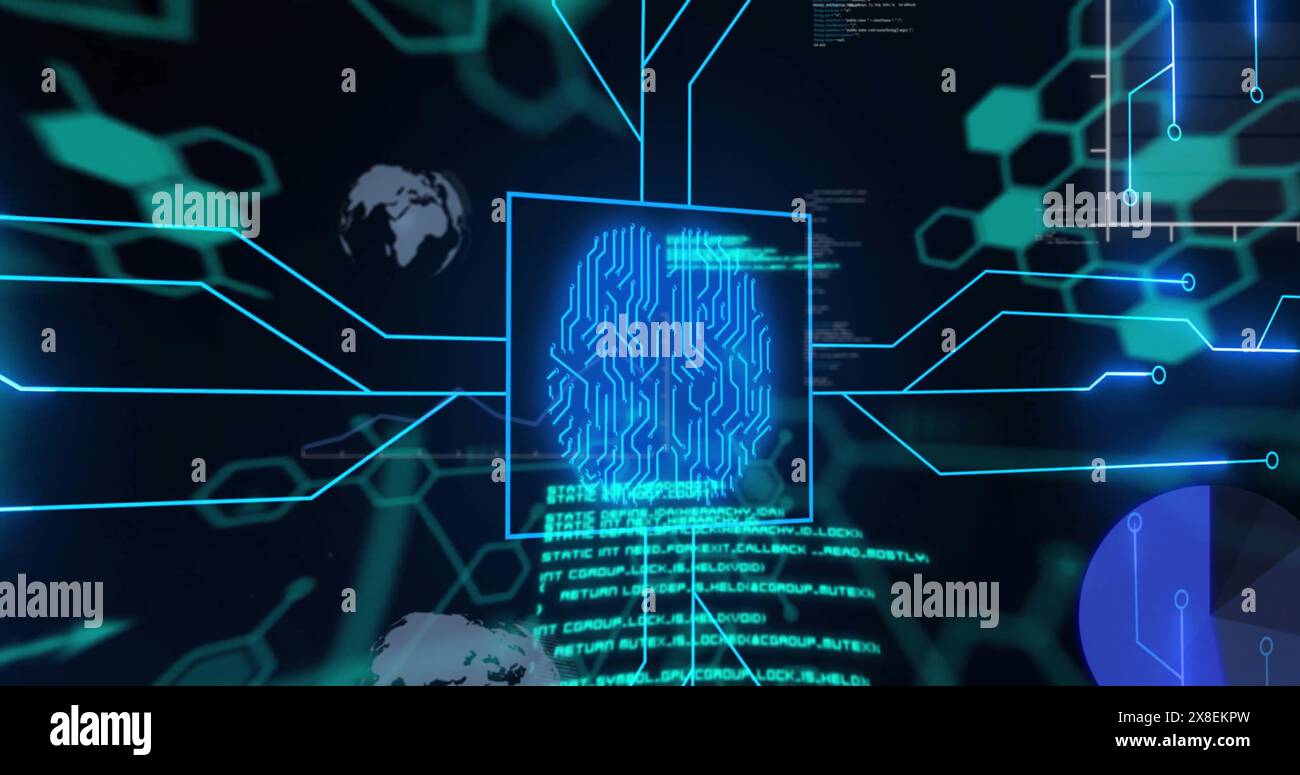 Image of biometric with computer language, hexagons, globe and graphs Stock Photo