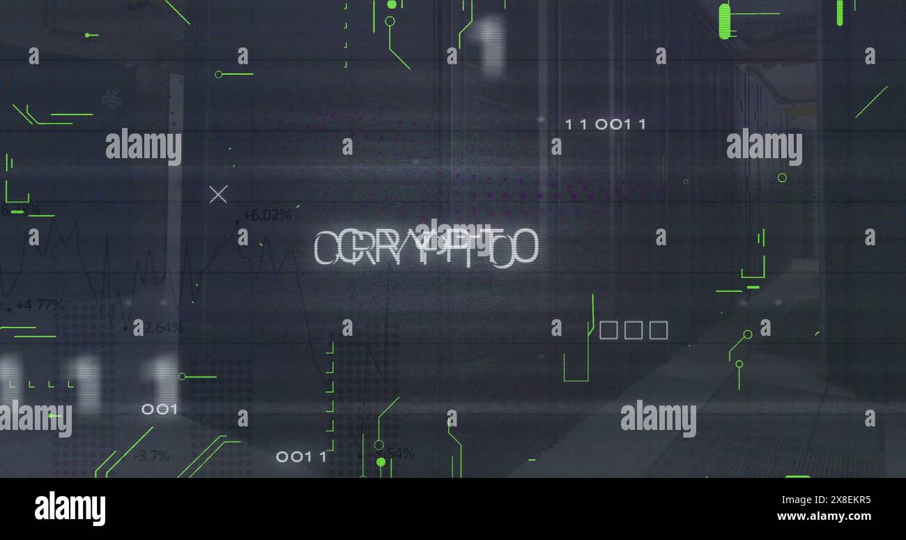 Image of crypto text and binary codes with circuit board pattern over data serve room Stock Photo