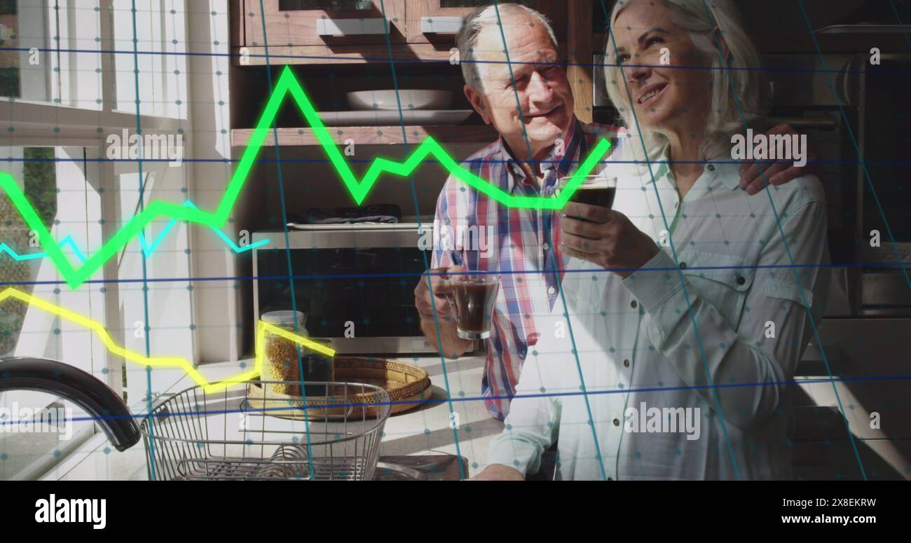 Image of multiple graphs and grid pattern over senior caucasian couple enjoying coffee Stock Photo