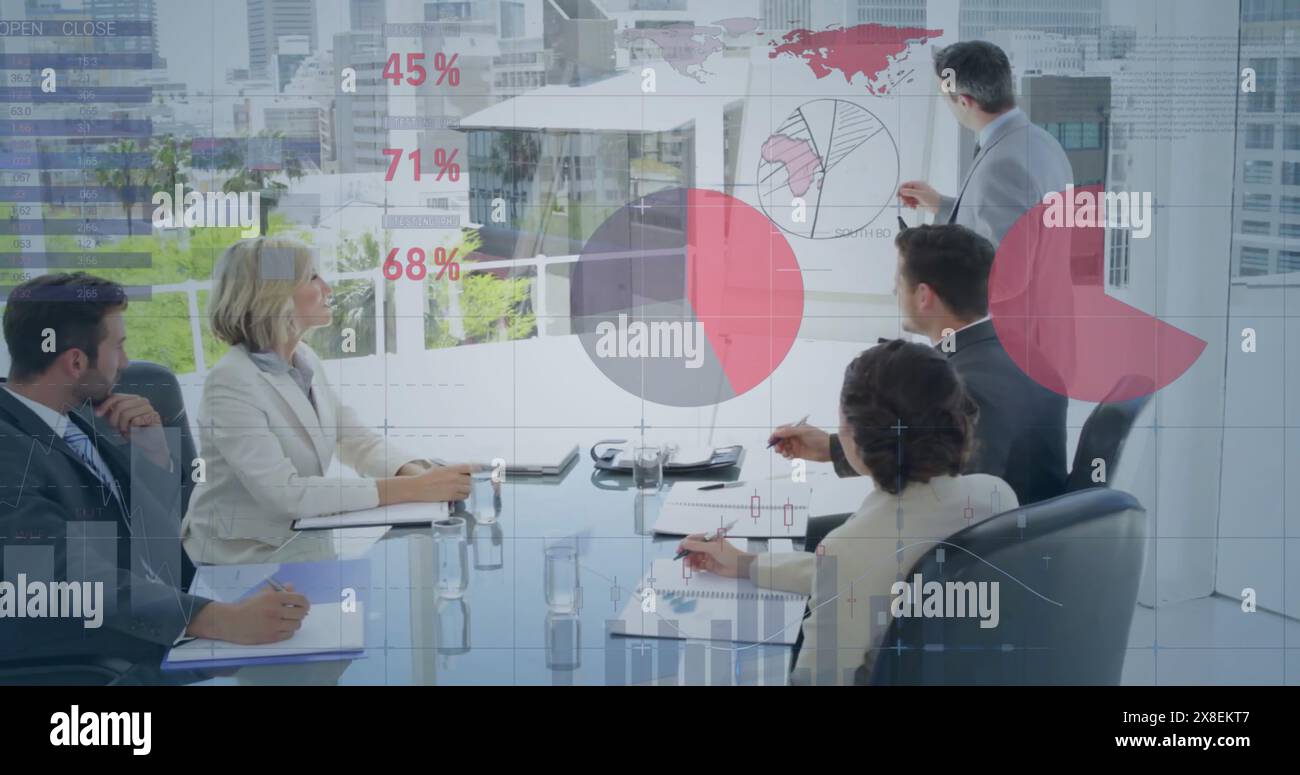 Image of infographic interface over diverse manager explaining sales report to colleagues Stock Photo