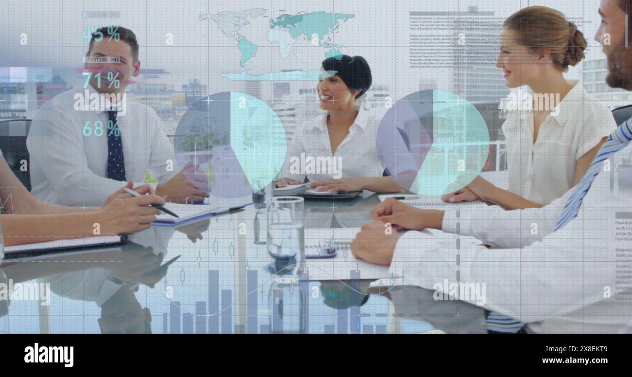 Image of infographic interface over diverse happy business partners shaking hands in meeting Stock Photo