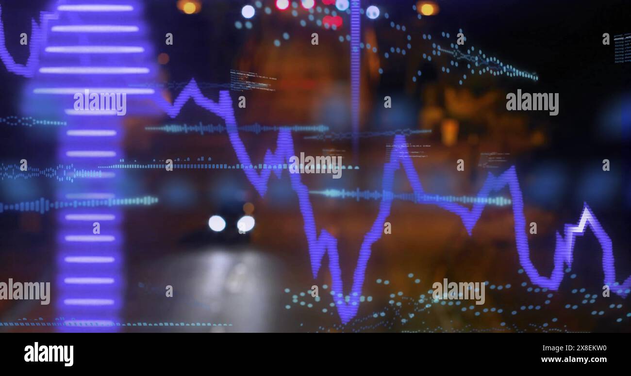 Image of soundwaves, graphs, codes and arrow up signs over cars moving on illuminated street Stock Photo