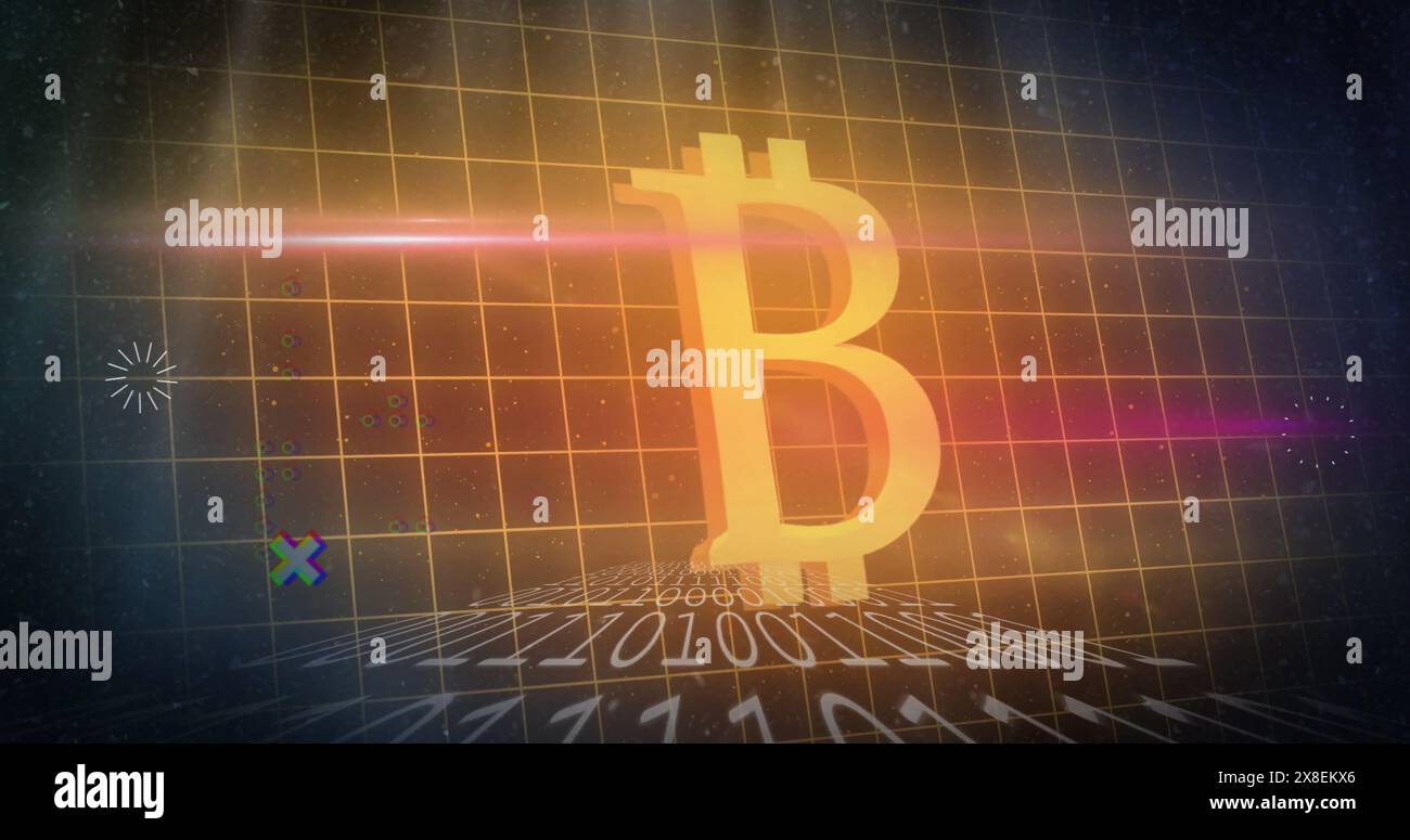 Image of grid pattern, binary codes and bitcoin illuminated symbol over ...