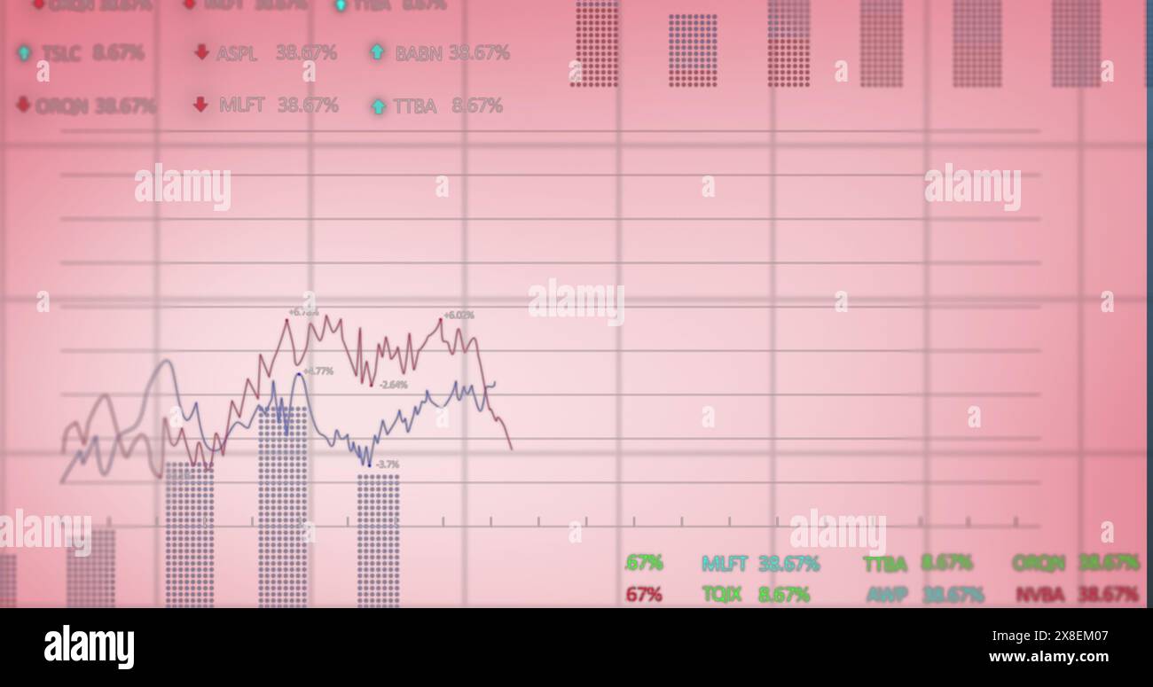 Image of financial data processing and statistics over pink background Stock Photo