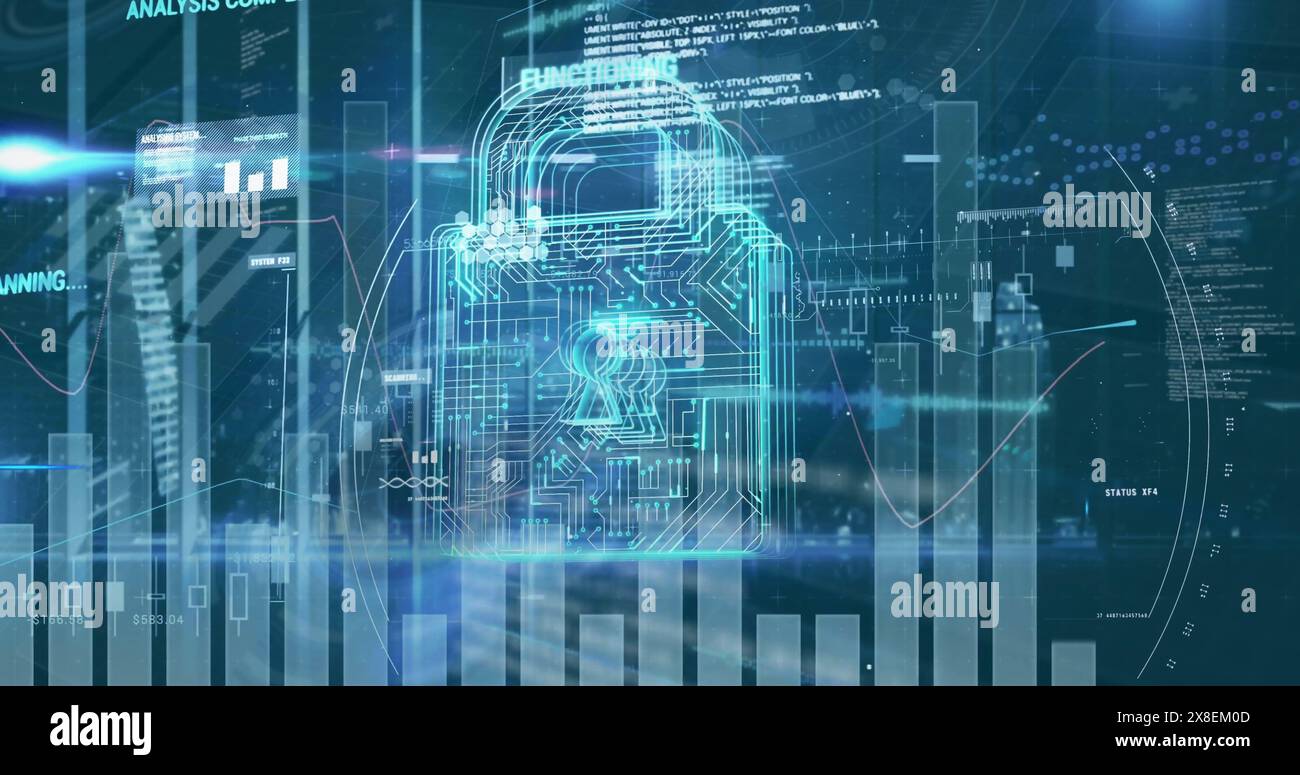 Image of data processing over security padlock Stock Photo