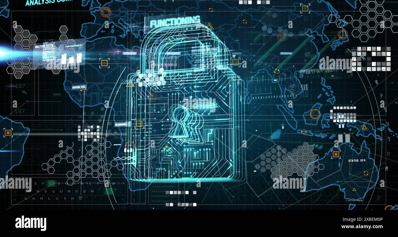Image of data processing over security padlock Stock Photo