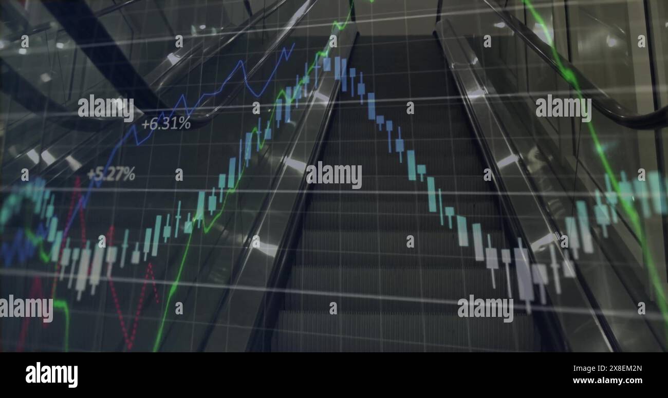 Image of data processing and diagram over escalator Stock Photo