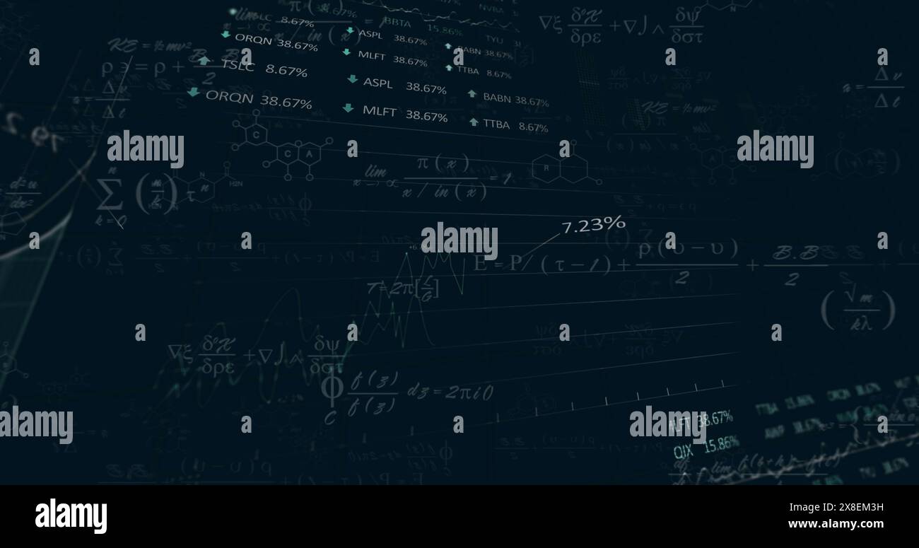 Image of finacial data processing with mathematical equations on black background Stock Photo