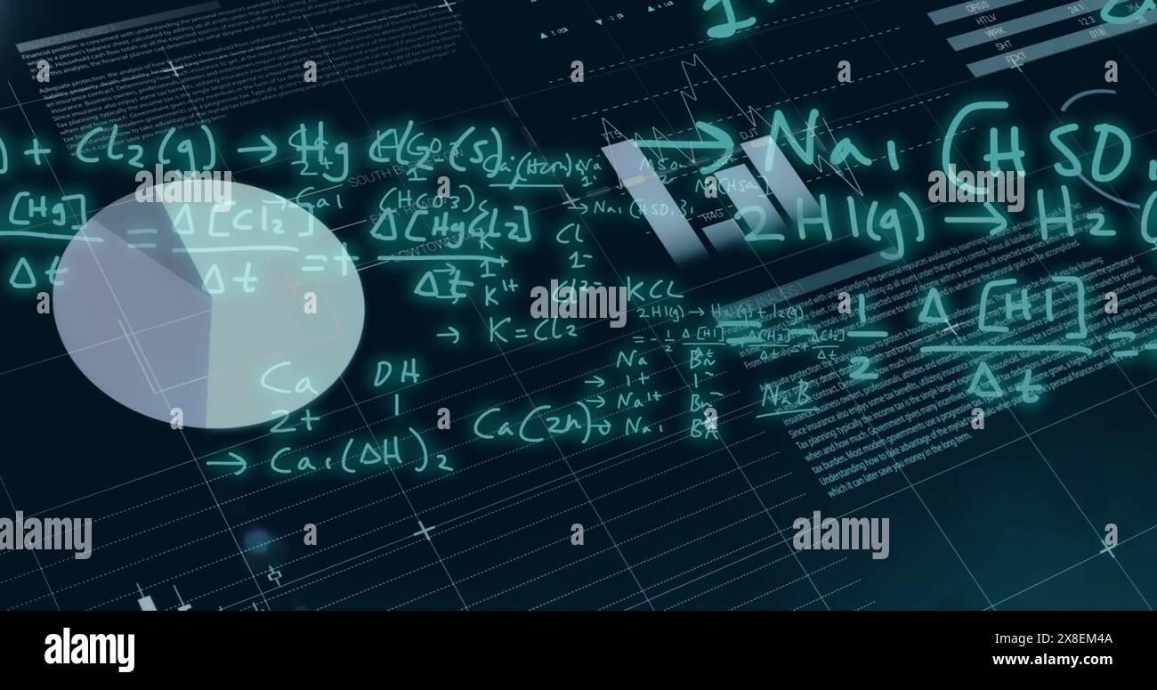 Image of finacial data processing with mathematical equation on black background Stock Photo