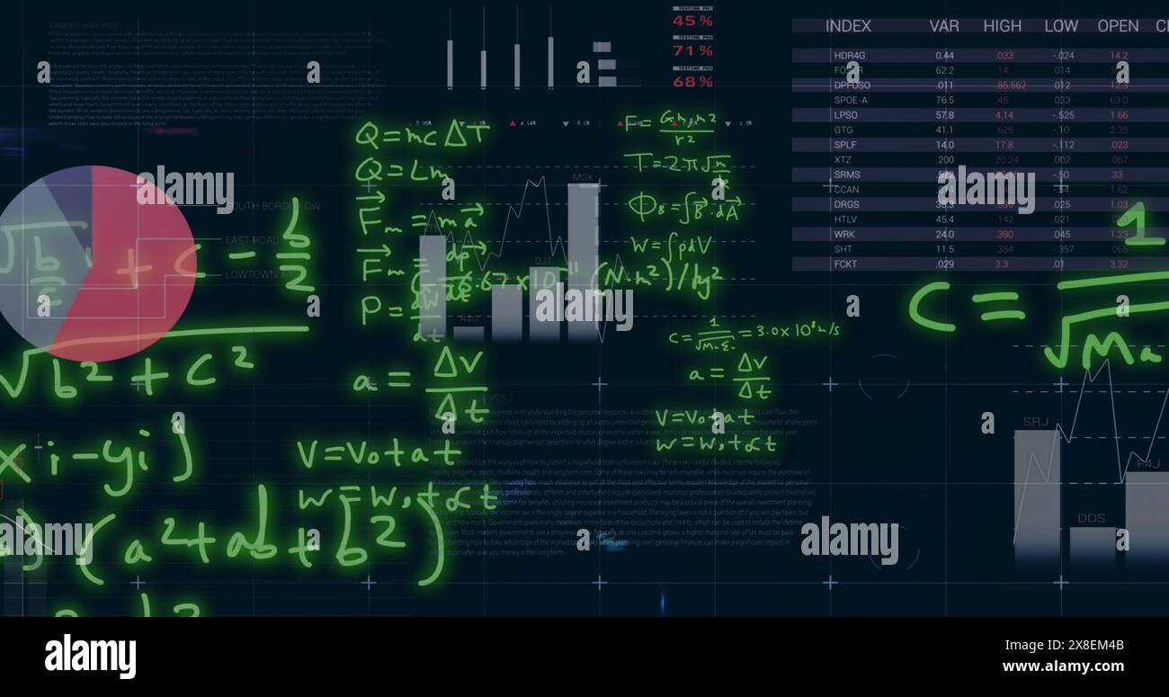 Image of finacial data processing with mathematical equation on black ...