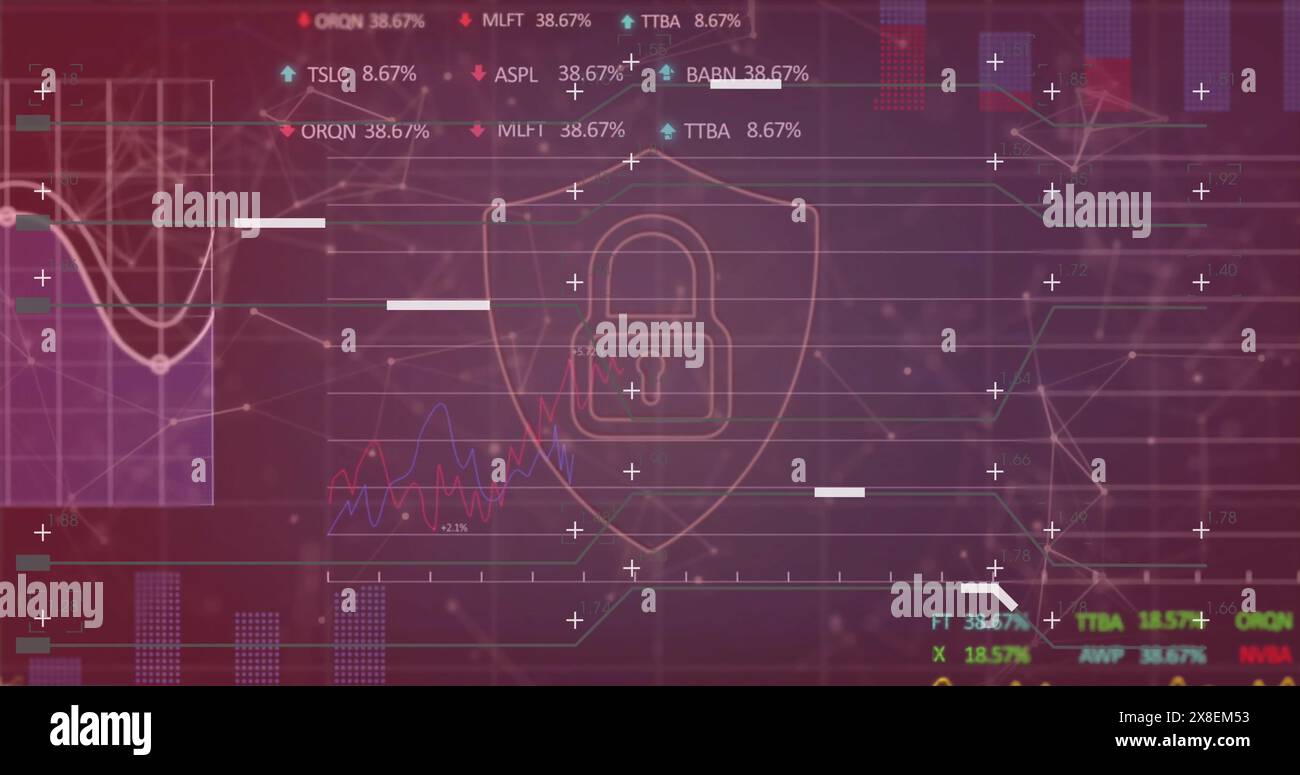 Image of padlock and financial data processing over dark background Stock Photo