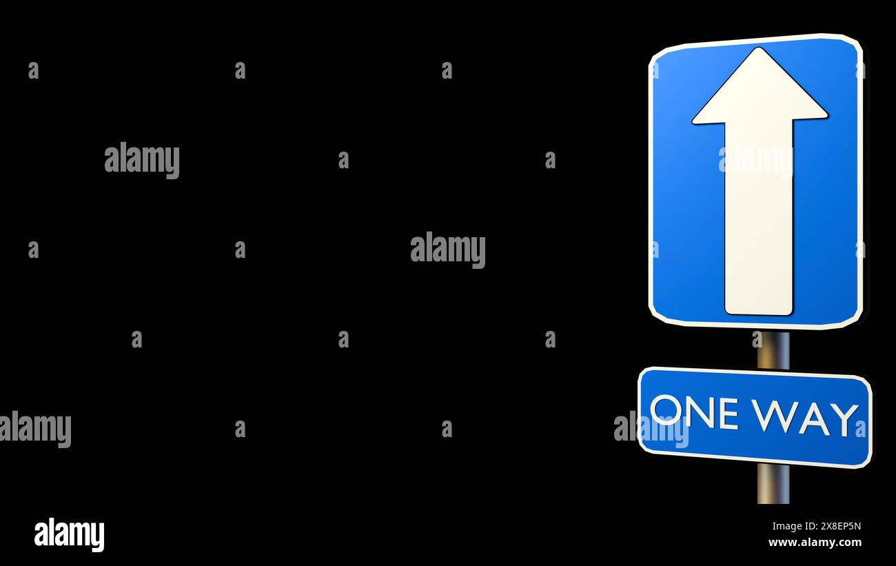 3d rendering of It is a blue rectangular traffic sign with a white arrow with words 'ONE WAY' on it Stock Photo