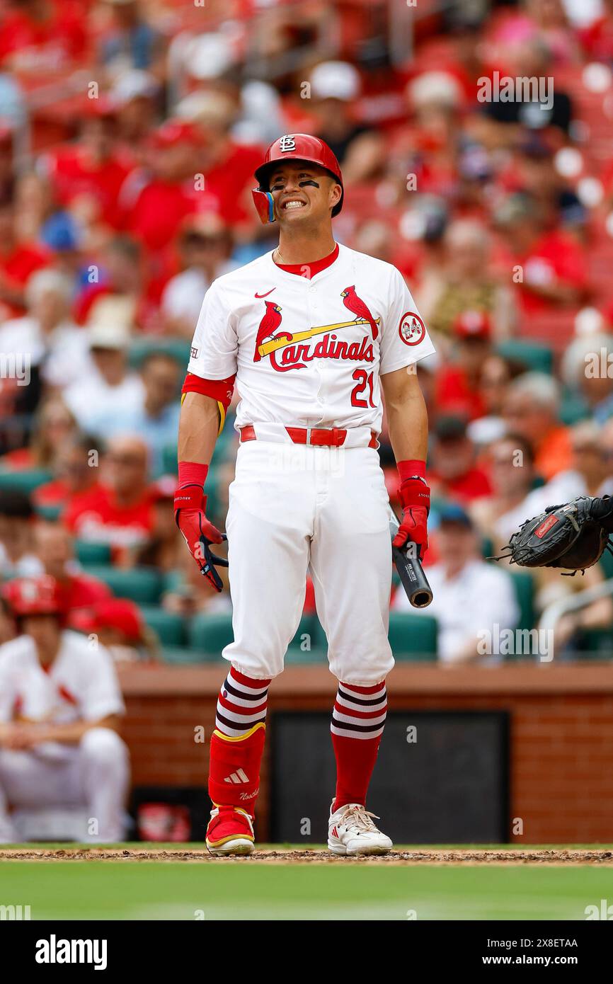 Lars Nootbaar #21 of the St. Louis Cardinals reacts after a strike out in the third inning during a game against the Baltimore Orioles at Busch Stadium on May 22, 2024, in St. Louis, Missouri.(Photo by Brandon Sloter/Image Of Sport) Stock Photo