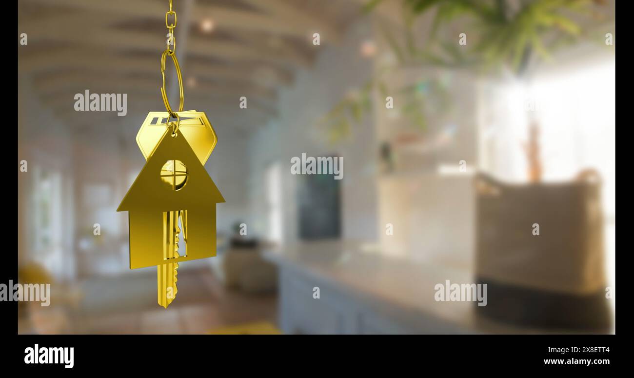 Image of golden key and house over empty house interior Stock Photo