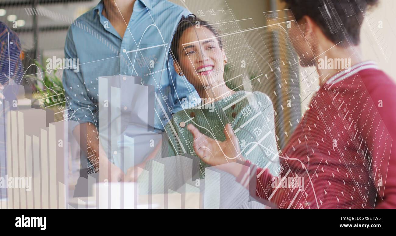 Image of graphs, loading circles, changing numbers, diverse coworkers talking in office Stock Photo