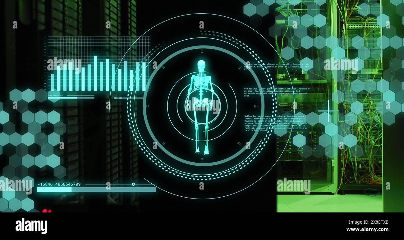 Image of data processing and skeleton walking over server room Stock Photo