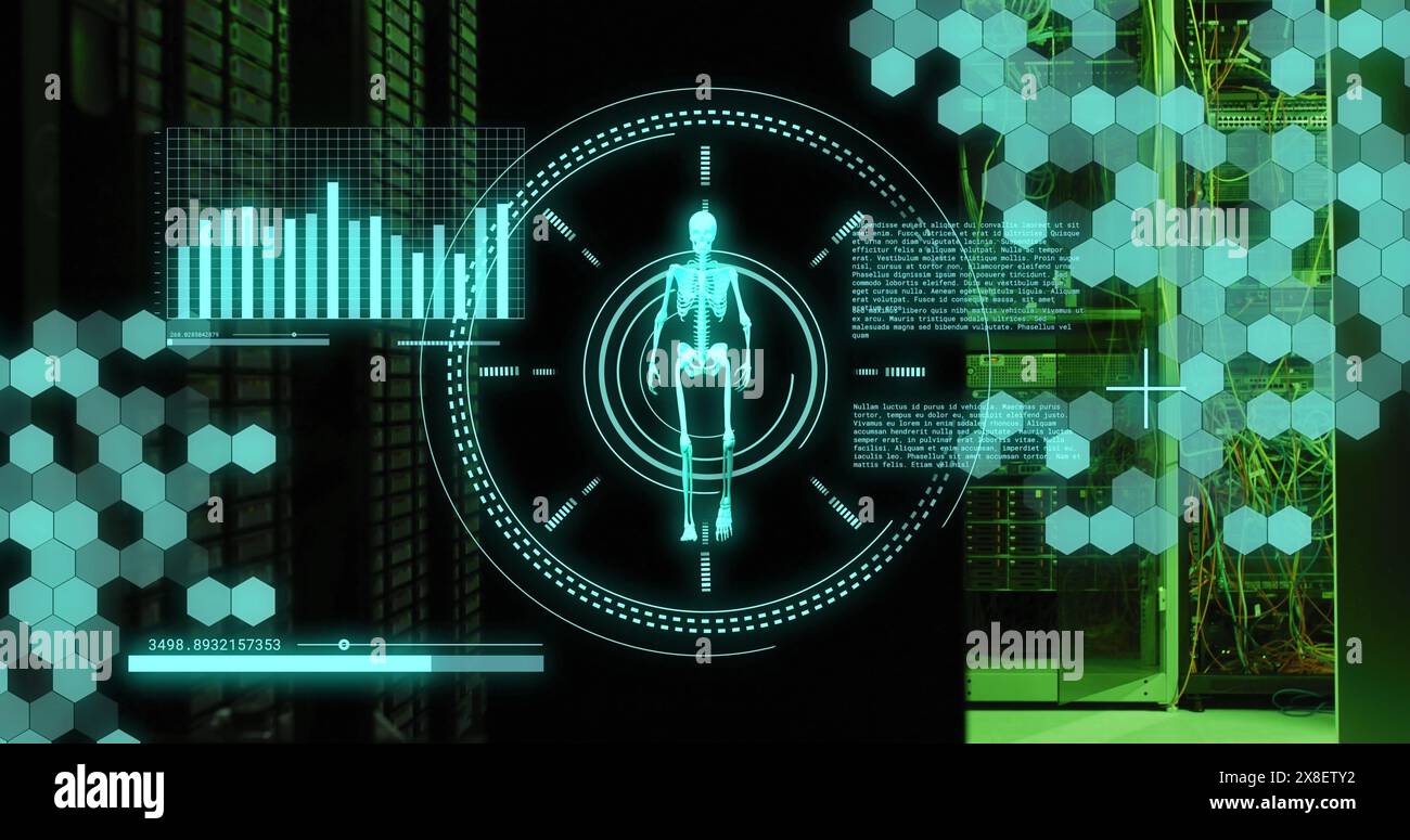 Image of data processing and skeleton walking over server room Stock Photo